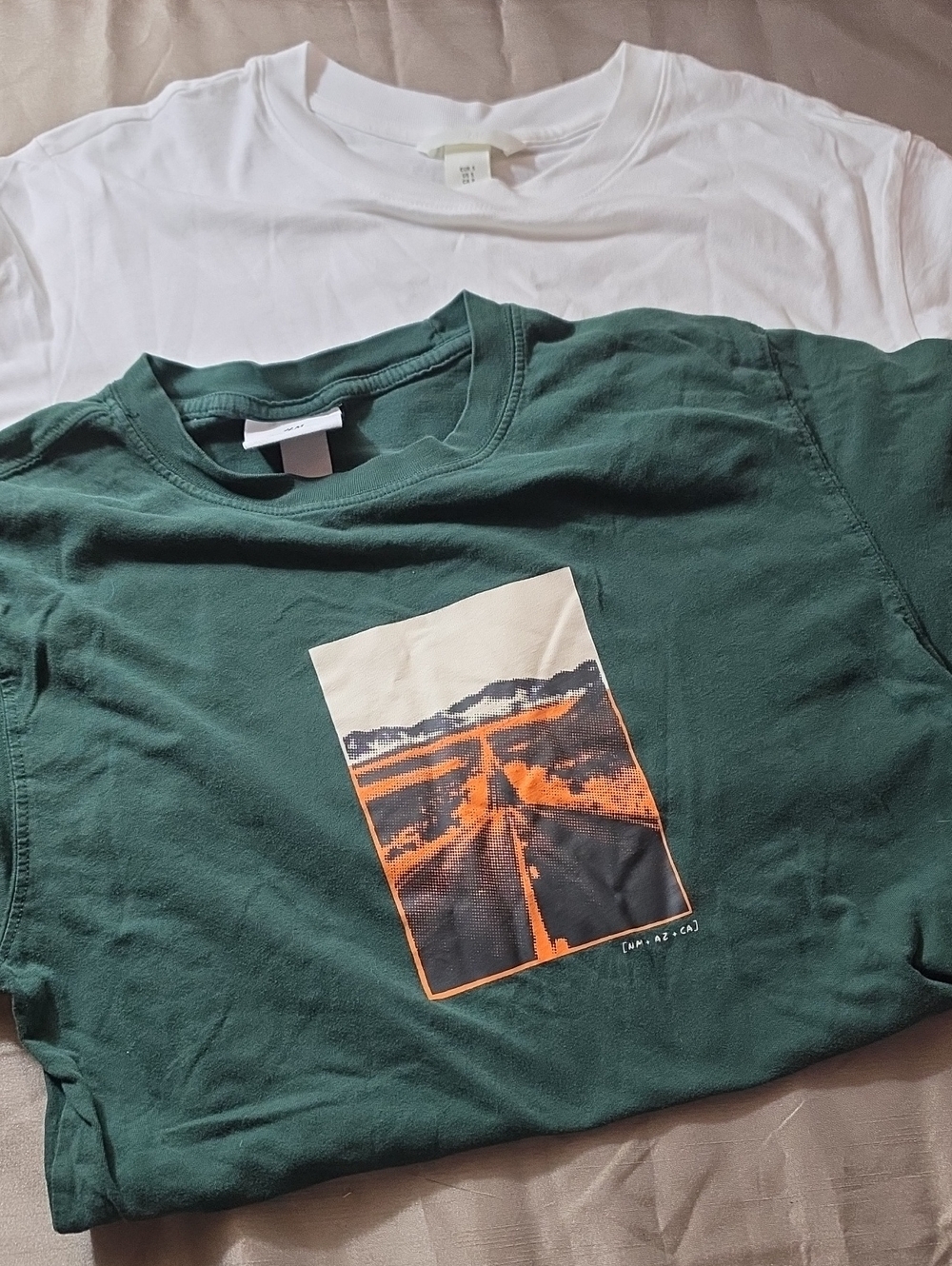 H&M Dark Green Short Sleeve Graphic Tee with Orange Print